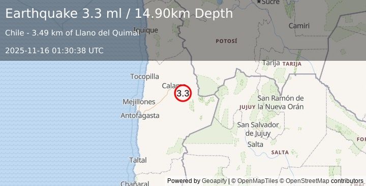 Earthquake ANTOFAGASTA, CHILE (3.3 ml) (2025-11-16 01:30:38 UTC)