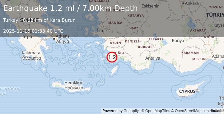 Earthquake DODECANESE IS.-TURKEY BORDER REG (1.2 ml) (2025-11-16 01:33:40 UTC)