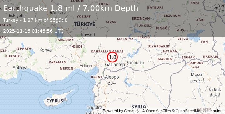 Earthquake CENTRAL TURKEY (1.8 ml) (2025-11-16 01:46:56 UTC)