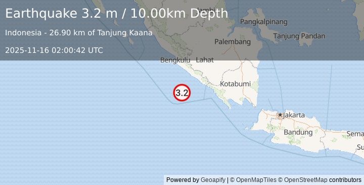 Earthquake SOUTHERN SUMATRA, INDONESIA (3.2 m) (2025-11-16 02:00:42 UTC)
