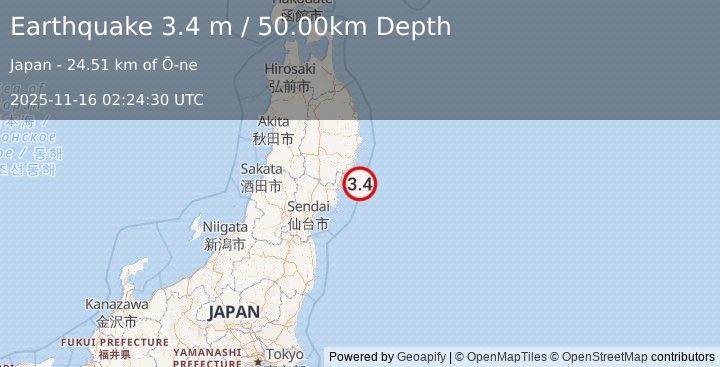 Earthquake NEAR EAST COAST OF HONSHU, JAPAN (3.4 m) (2025-11-16 02:24:30 UTC)