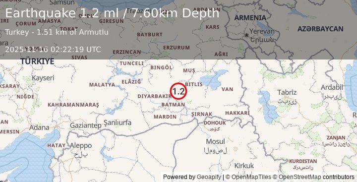 Earthquake EASTERN TURKEY (1.2 ml) (2025-11-16 02:22:19 UTC)