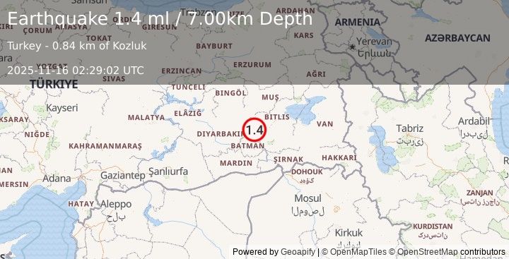 Earthquake EASTERN TURKEY (1.4 ml) (2025-11-16 02:29:02 UTC)