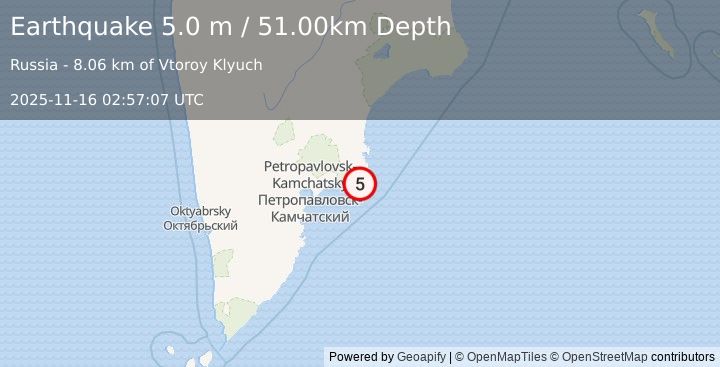 Earthquake NEAR EAST COAST OF KAMCHATKA (5.0 m) (2025-11-16 02:57:07 UTC)