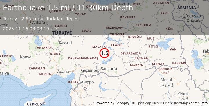 Earthquake EASTERN TURKEY (1.5 ml) (2025-11-16 03:03:19 UTC)