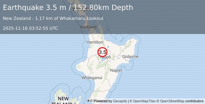 Earthquake NORTH ISLAND OF NEW ZEALAND (3.5 m) (2025-11-16 03:52:55 UTC)