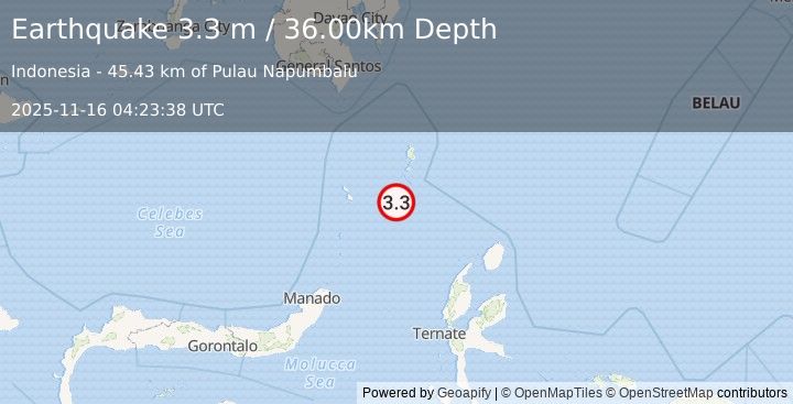 Earthquake KEPULAUAN TALAUD, INDONESIA (3.3 m) (2025-11-16 04:23:38 UTC)