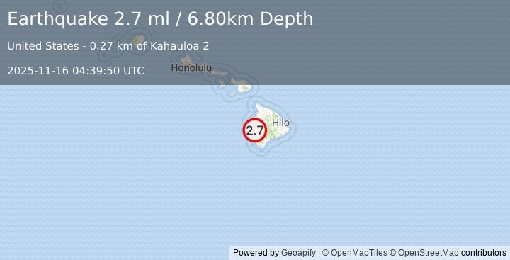 Earthquake ISLAND OF HAWAII, HAWAII (2.7 ml) (2025-11-16 04:39:50 UTC)