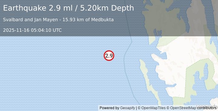 Earthquake SVALBARD REGION (2.9 ml) (2025-11-16 05:04:12 UTC)
