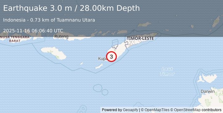 Earthquake TIMOR REGION, INDONESIA (3.0 m) (2025-11-16 06:06:40 UTC)
