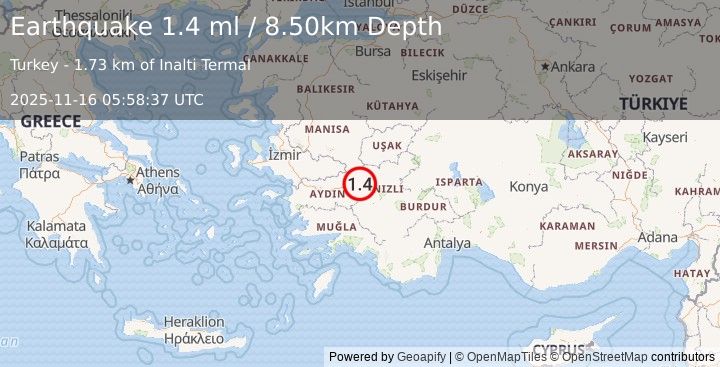 Earthquake WESTERN TURKEY (1.4 ml) (2025-11-16 05:58:37 UTC)