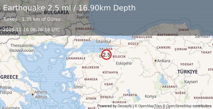 Earthquake WESTERN TURKEY (2.5 ml) (2025-11-16 06:26:16 UTC)