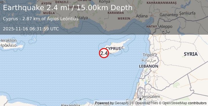 Earthquake CYPRUS REGION (2.4 ml) (2025-11-16 06:31:59 UTC)