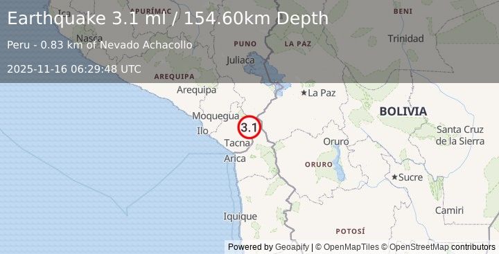 Earthquake SOUTHERN PERU (3.1 ml) (2025-11-16 06:29:48 UTC)