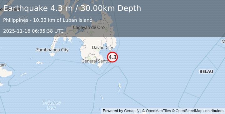 Earthquake MINDANAO, PHILIPPINES (4.5 mb) (2025-11-16 06:35:40 UTC)
