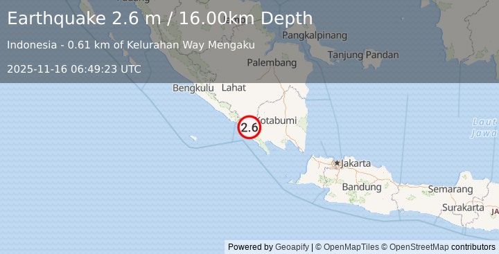 Earthquake SOUTHERN SUMATRA, INDONESIA (2.6 m) (2025-11-16 06:49:23 UTC)