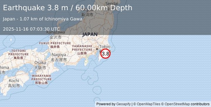 Earthquake NEAR EAST COAST OF HONSHU, JAPAN (3.8 m) (2025-11-16 07:03:30 UTC)