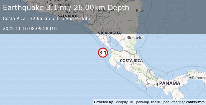 Earthquake OFF COAST OF COSTA RICA (3.1 m) (2025-11-16 08:09:58 UTC)