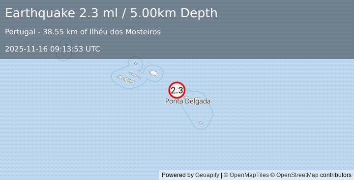 Earthquake AZORES ISLANDS, PORTUGAL (2.3 ml) (2025-11-16 09:13:53 UTC)