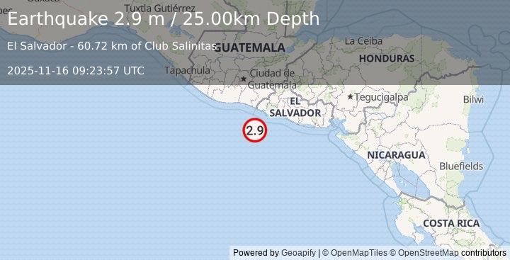 Earthquake OFFSHORE EL SALVADOR (2.9 m) (2025-11-16 09:23:57 UTC)