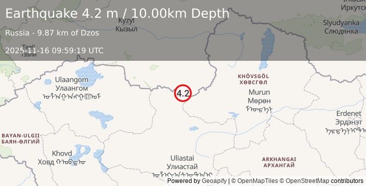 Earthquake WESTERN MONGOLIA (4.2 m) (2025-11-16 09:59:19 UTC)