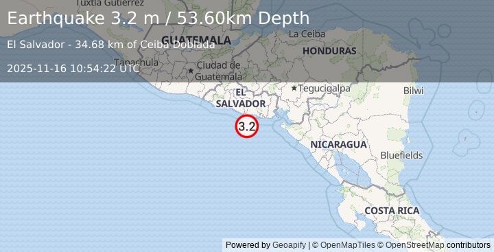 Earthquake OFFSHORE EL SALVADOR (3.2 m) (2025-11-16 10:54:22 UTC)