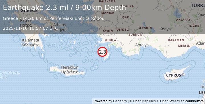 Earthquake DODECANESE IS.-TURKEY BORDER REG (2.3 ml) (2025-11-16 10:57:07 UTC)