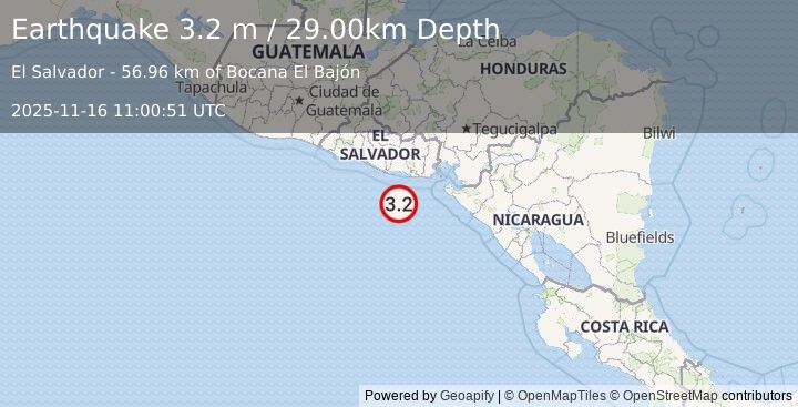 Earthquake OFFSHORE EL SALVADOR (3.1 m) (2025-11-16 11:00:52 UTC)
