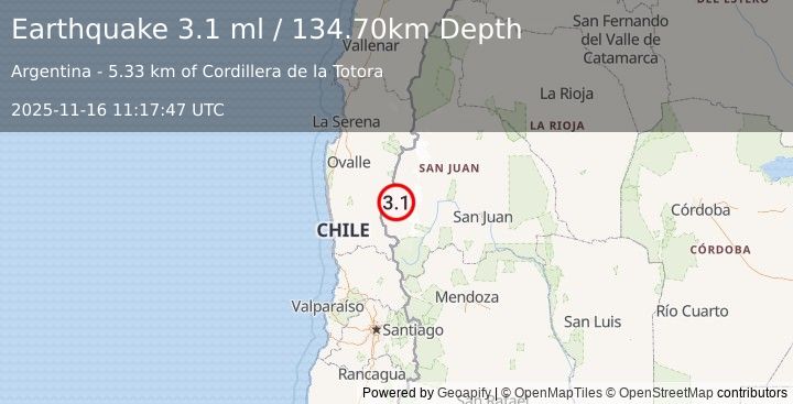Earthquake SAN JUAN, ARGENTINA (3.1 ml) (2025-11-16 11:17:47 UTC)