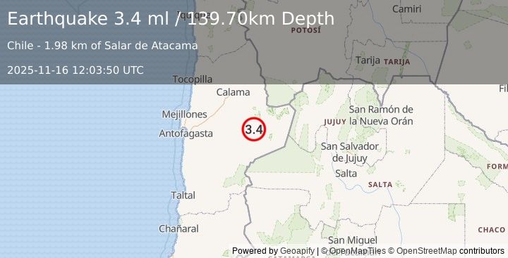 Earthquake ANTOFAGASTA, CHILE (3.4 ml) (2025-11-16 12:03:50 UTC)