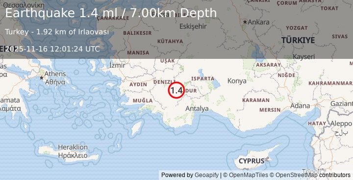 Earthquake WESTERN TURKEY (1.4 ml) (2025-11-16 12:01:24 UTC)