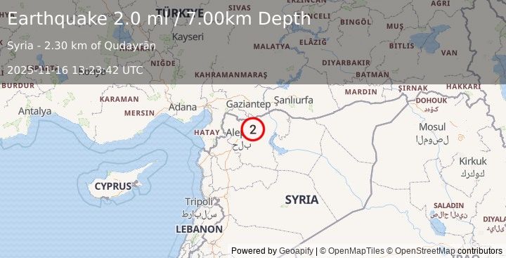 Earthquake TURKEY-SYRIA BORDER REGION (2.0 ml) (2025-11-16 13:23:42 UTC)