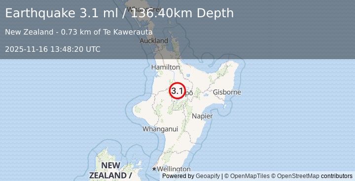 Earthquake NORTH ISLAND OF NEW ZEALAND (3.1 ml) (2025-11-16 13:48:20 UTC)