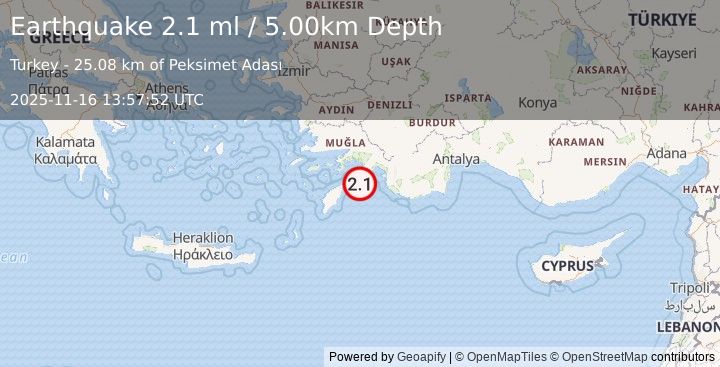 Earthquake DODECANESE IS.-TURKEY BORDER REG (2.0 ml) (2025-11-16 13:57:51 UTC)