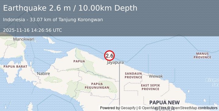 Earthquake NEAR N COAST OF PAPUA, INDONESIA (2.6 m) (2025-11-16 14:26:56 UTC)