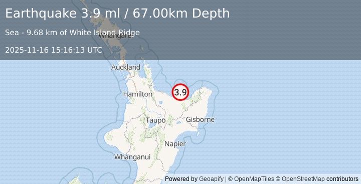 Earthquake OFF E. COAST OF N. ISLAND, N.Z. (3.9 ml) (2025-11-16 15:16:13 UTC)