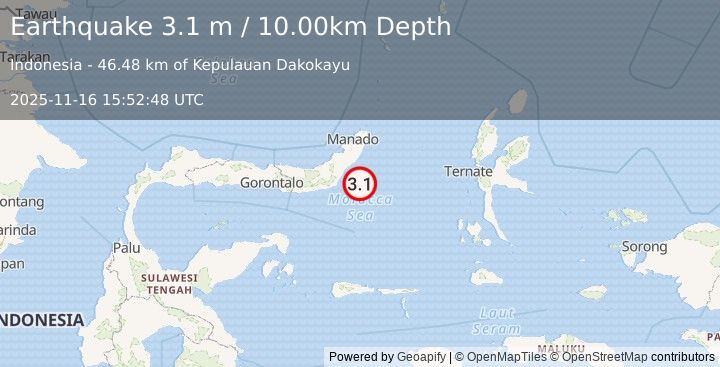 Earthquake MOLUCCA SEA (3.1 m) (2025-11-16 15:52:48 UTC)