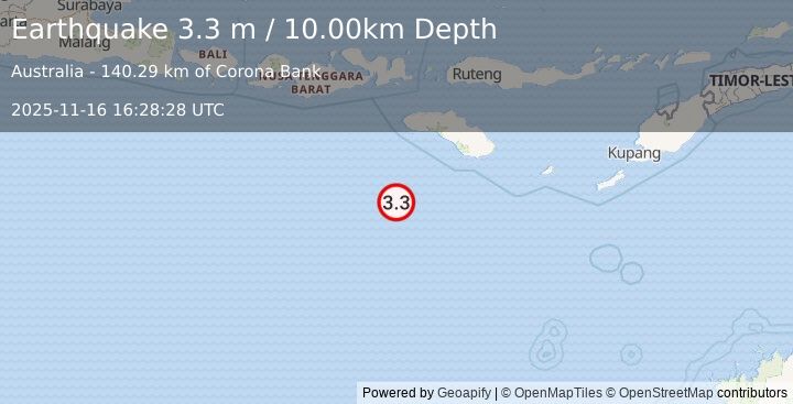 Earthquake SOUTH OF SUMBAWA, INDONESIA (3.3 m) (2025-11-16 16:28:28 UTC)
