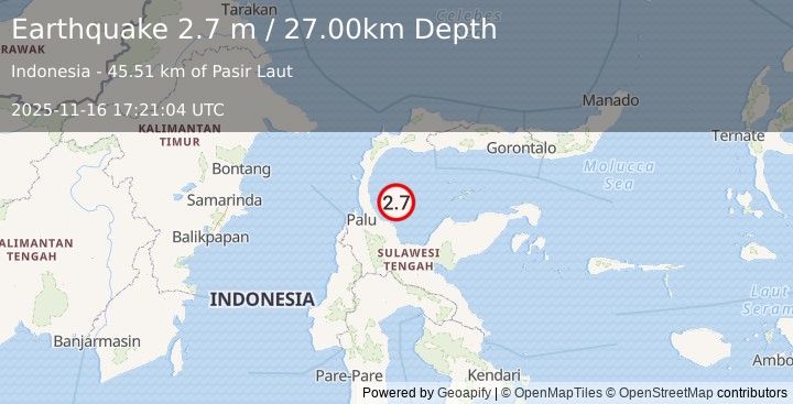 Earthquake MINAHASA, SULAWESI, INDONESIA (2.7 m) (2025-11-16 17:21:04 UTC)