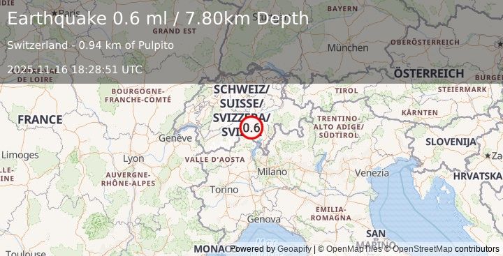Earthquake SWITZERLAND (0.6 ml) (2025-11-16 18:28:51 UTC)