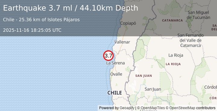 Earthquake OFFSHORE COQUIMBO, CHILE (3.7 ml) (2025-11-16 18:25:05 UTC)