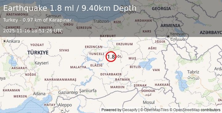 Earthquake EASTERN TURKEY (1.8 ml) (2025-11-16 18:51:25 UTC)