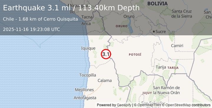 Earthquake TARAPACA, CHILE (3.1 ml) (2025-11-16 19:23:08 UTC)