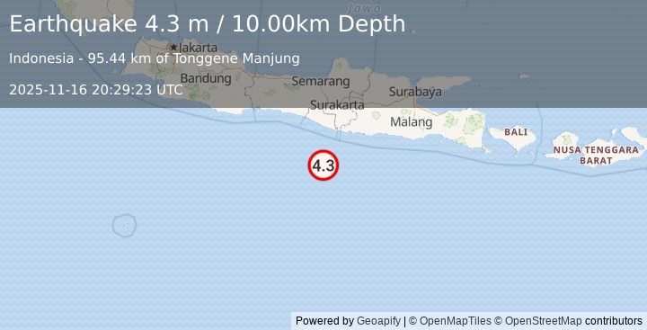 Earthquake SOUTH OF JAVA, INDONESIA (4.3 m) (2025-11-16 20:29:23 UTC)