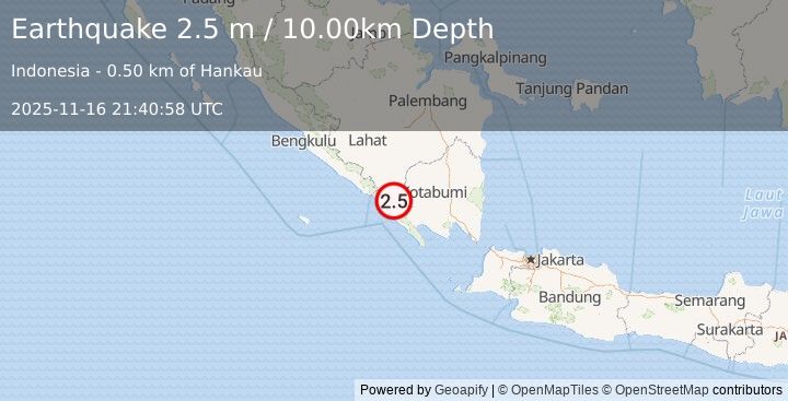 Earthquake SOUTHERN SUMATRA, INDONESIA (2.5 m) (2025-11-16 21:40:58 UTC)
