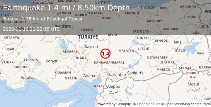 Earthquake CENTRAL TURKEY (1.4 ml) (2025-11-16 21:22:14 UTC)