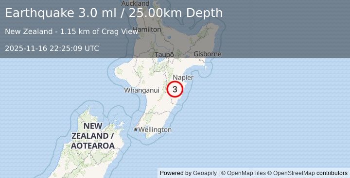 Earthquake NORTH ISLAND OF NEW ZEALAND (3.0 ml) (2025-11-16 22:25:09 UTC)