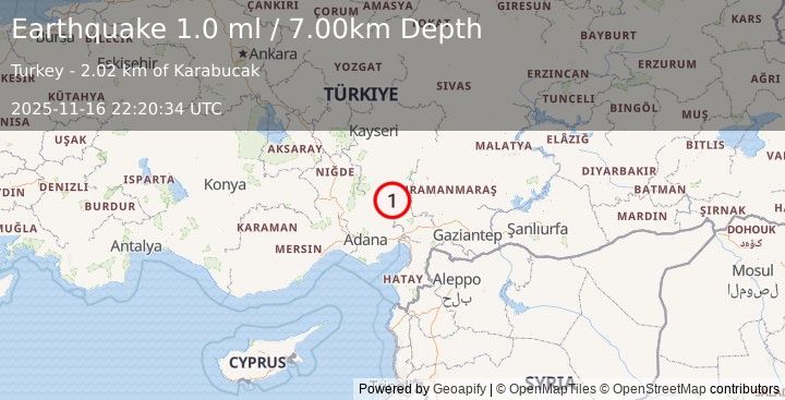 Earthquake CENTRAL TURKEY (1.0 ml) (2025-11-16 22:20:34 UTC)