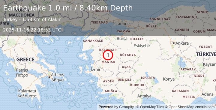 Earthquake WESTERN TURKEY (1.0 ml) (2025-11-16 22:18:33 UTC)