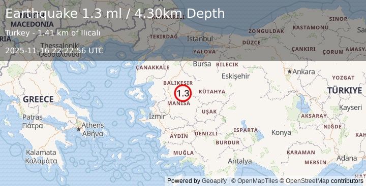 Earthquake WESTERN TURKEY (1.3 ml) (2025-11-16 22:22:56 UTC)